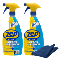 Zep Plus Glass & Mirror Foaming Cleaner 32 oz and Blue Microfiber Rag