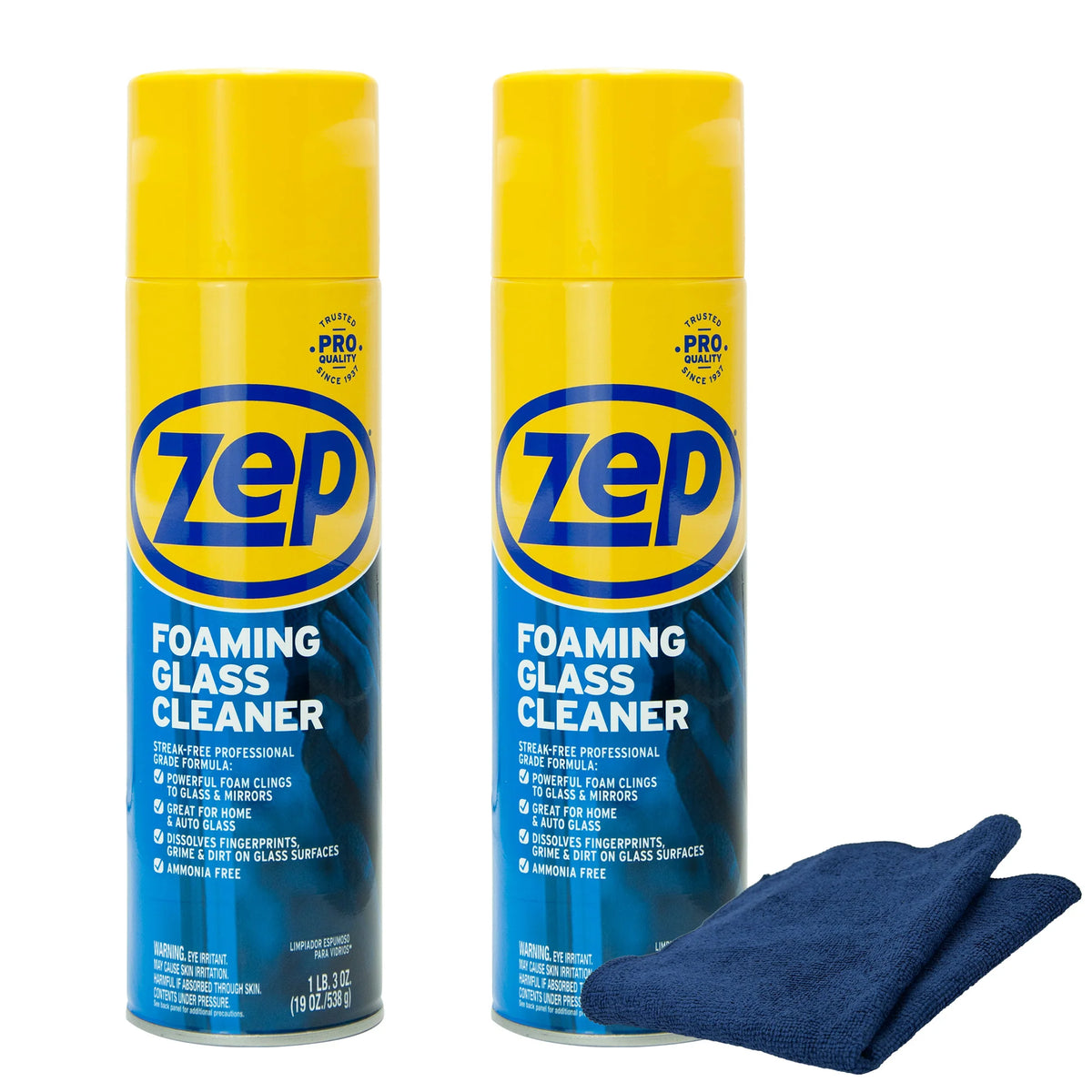 Zep Foaming Glass Cleaner 19 oz and Blue Microfiber Rag