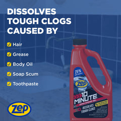 Zep 10 Minute Drain Opener Gel – Dissolves Hair and Clogs – 64 oz